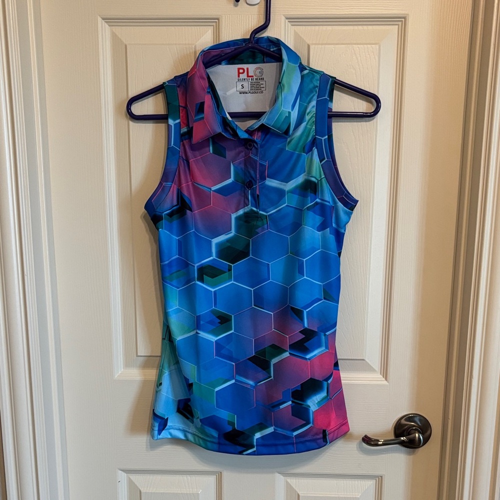 Women's Blue and Pink Geometric Sleeveless Polo